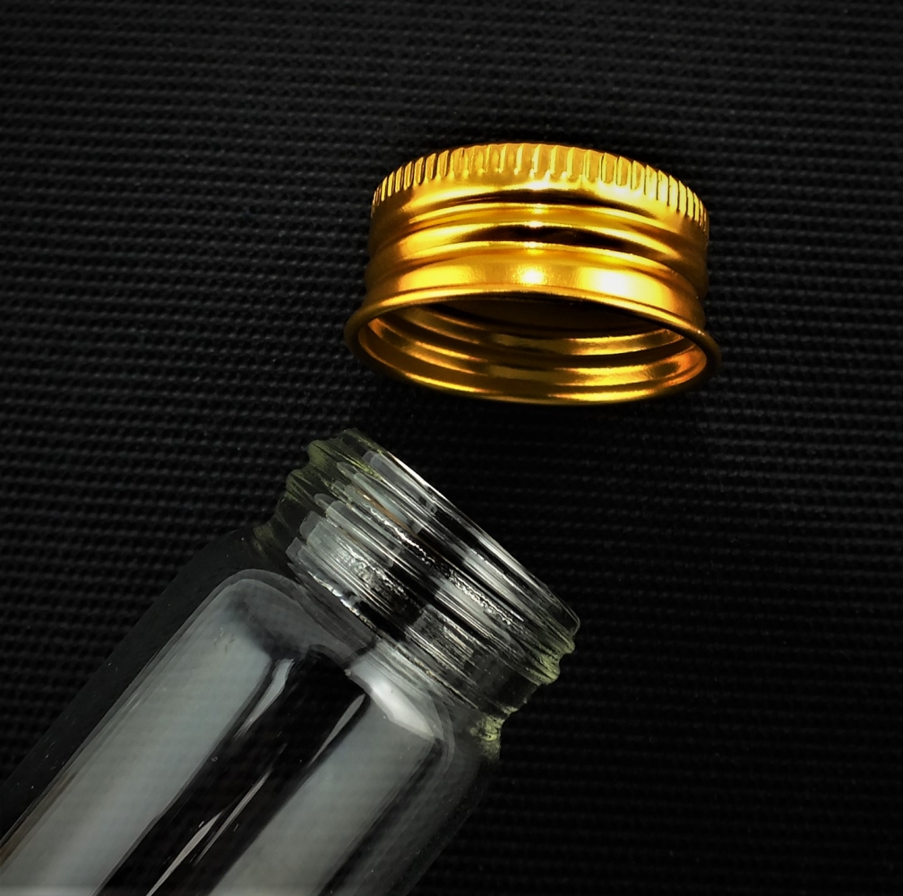 Sammelglas - klar - 15 ml - für ca. 155 Gramm = ca. 5 oz Gold - goldener Aluminium-Schraubdeckel