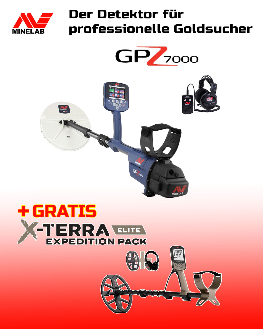 MINELAB GPZ 7000 ZVT Pro Gold Detektor / mit gratis Metalldetektor X-Terra Elite (Expedition Pack)