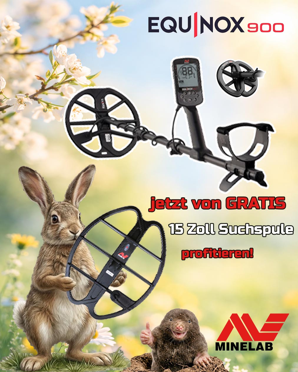 Minelab Equinox 900 Metalldetektor mit gratis M15 Suchspule