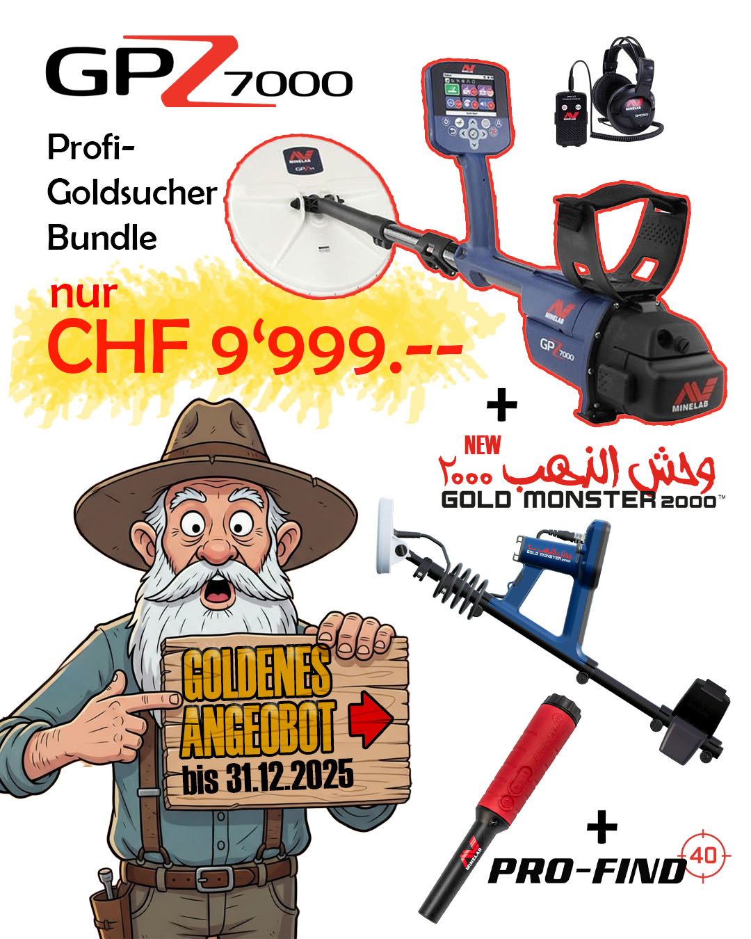 Profi-Goldsucher-Bundle: MINELAB GPZ 7000 ZVT Pro + Goldmonster 2000 + Pro-Find 40 